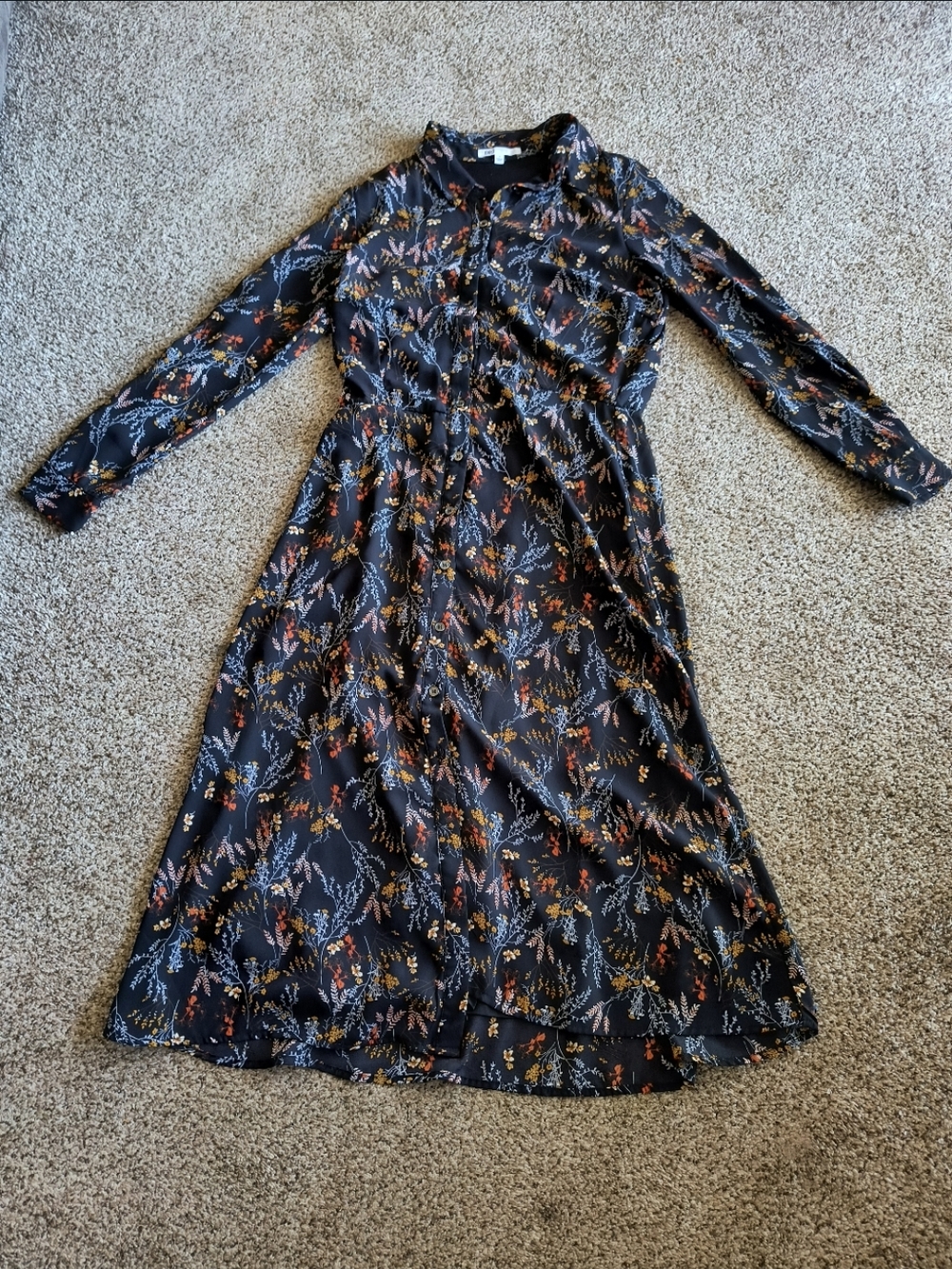 DR2 Navy Floral Long Sleeve Shirt Dress with Rust & Mustard Accents